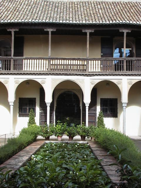 A sunlit outdoor patio court